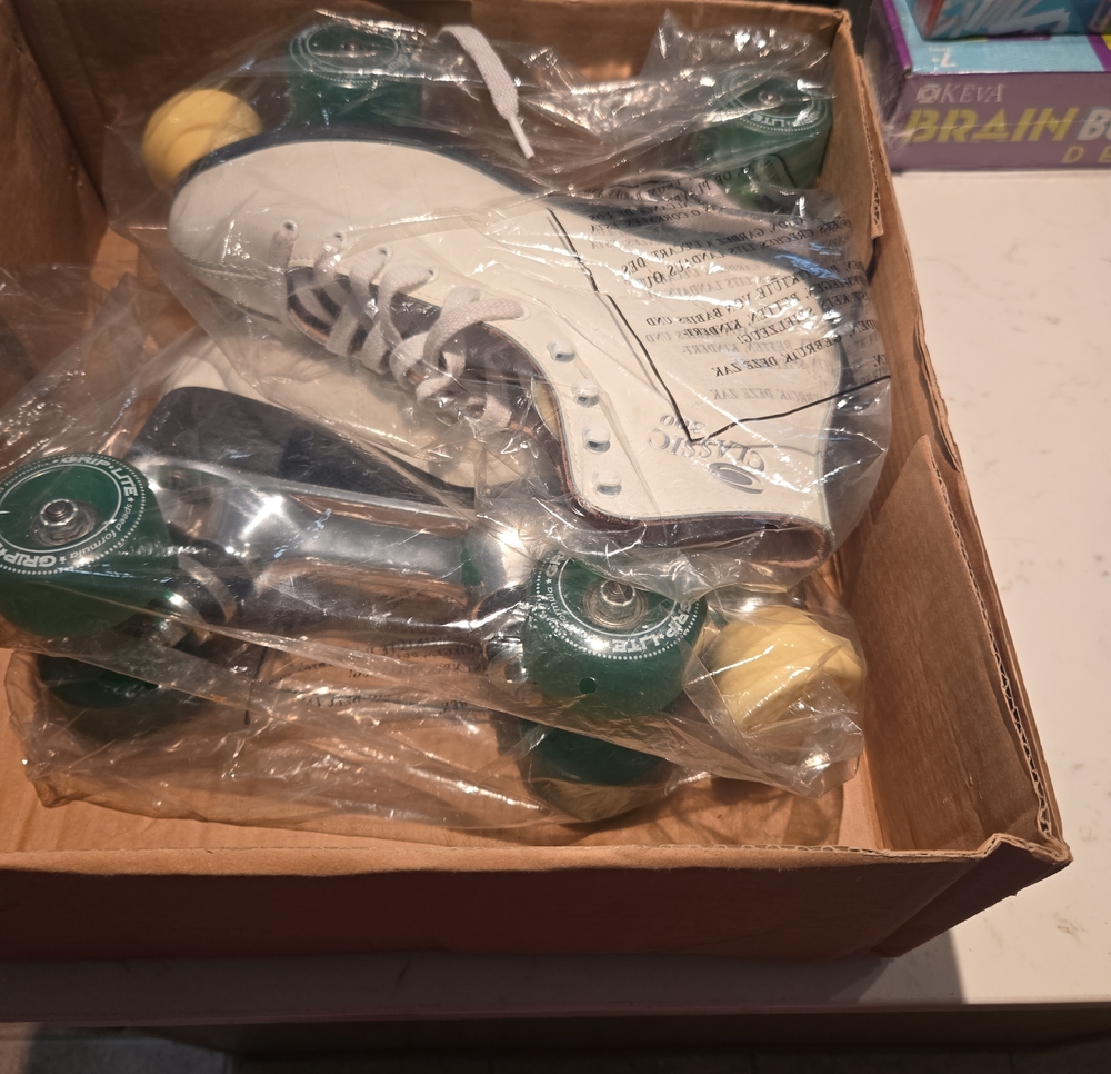 Kids White Roller Skates with Green & Yellow Wheels